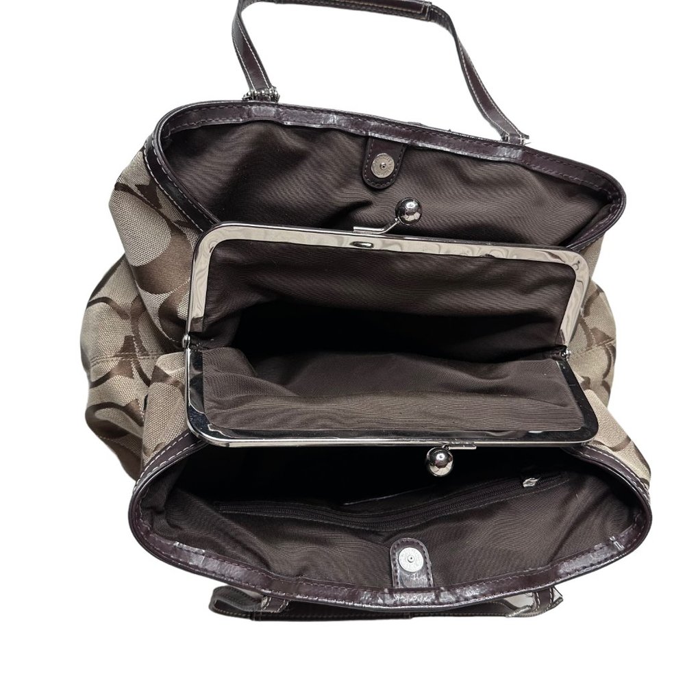 Coach Khaki and Mahogany Stripe Signature Kisslock Carryall Bag F19190 - Picture 10 of 13